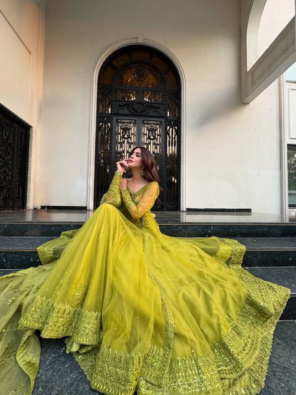 Zariah Luxe Lime Heritage Embroidery & Net Dupatta Anarkali Set