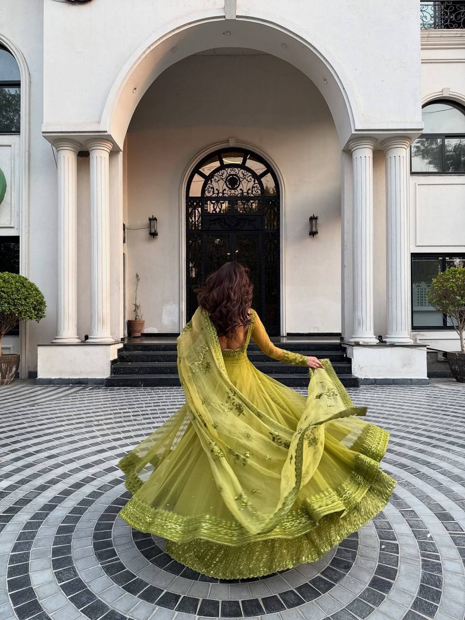 Zariah Luxe Lime Heritage Embroidery & Net Dupatta Anarkali Set