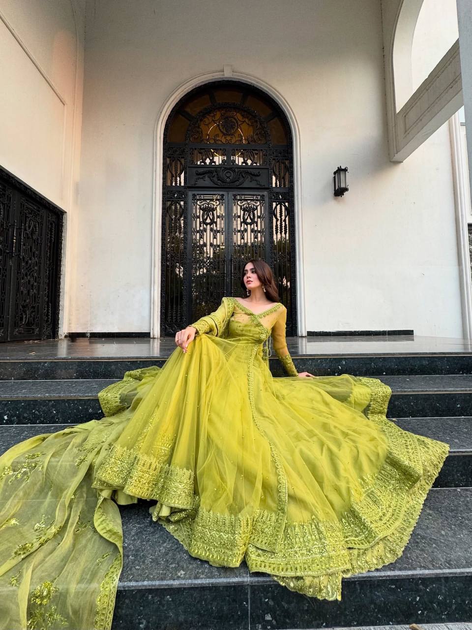 Zariah Luxe Lime Heritage Embroidery & Net Dupatta Anarkali Set