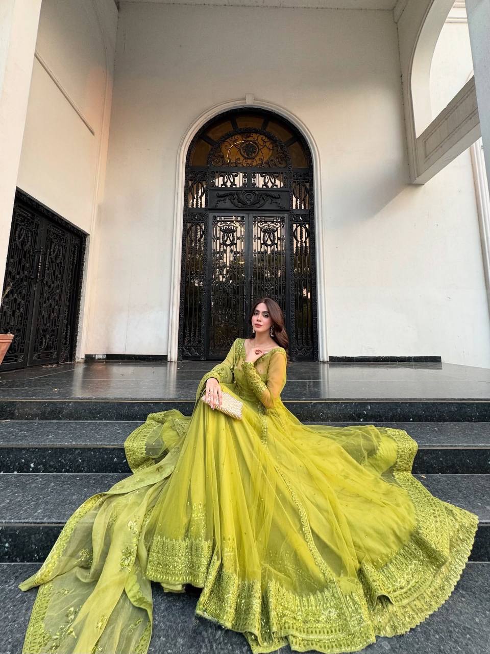 Zariah Luxe Lime Heritage Embroidery & Net Dupatta Anarkali Set