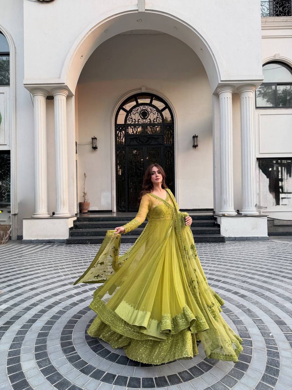 Zariah Luxe Lime Heritage Embroidery & Net Dupatta Anarkali Set