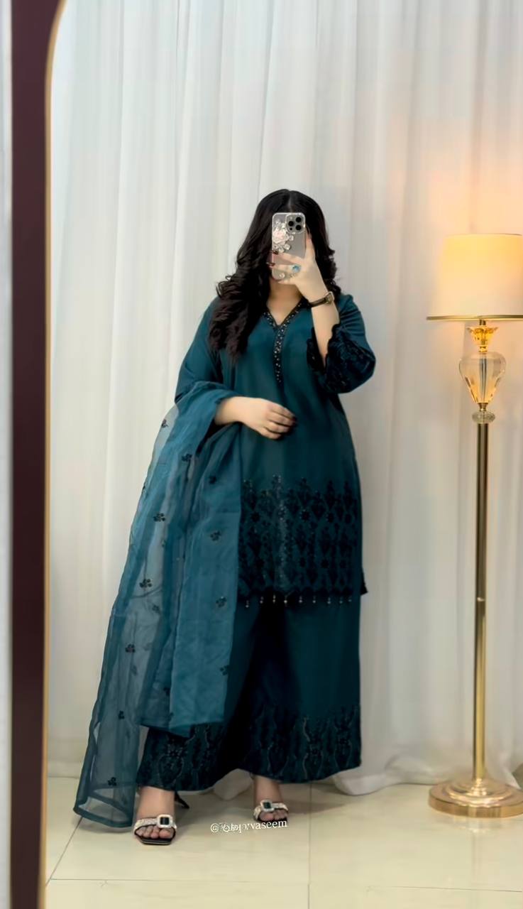New Designer Ready To Wear Vichitra Silk Top Bottom And Dupatta Set