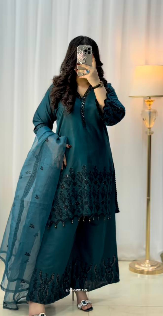 New Designer Ready To Wear Vichitra Silk Top Bottom And Dupatta Set