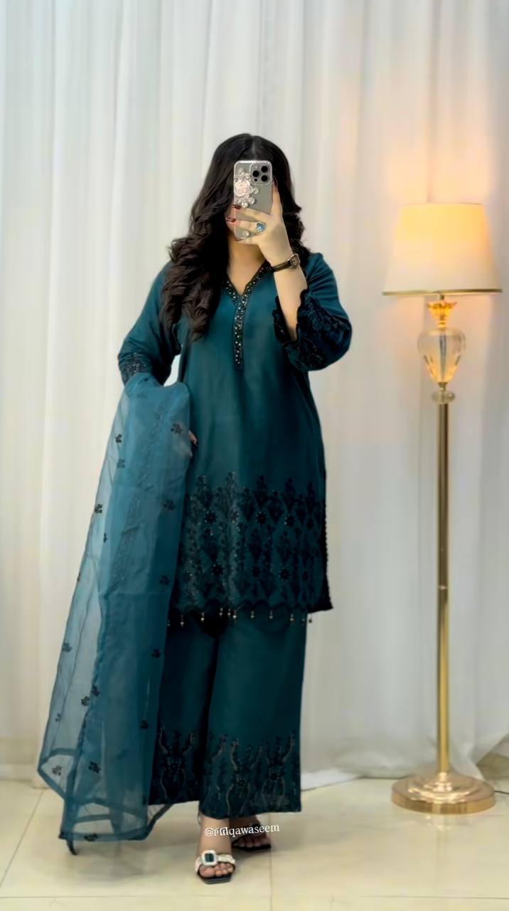 New Designer Ready To Wear Vichitra Silk Top Bottom And Dupatta Set