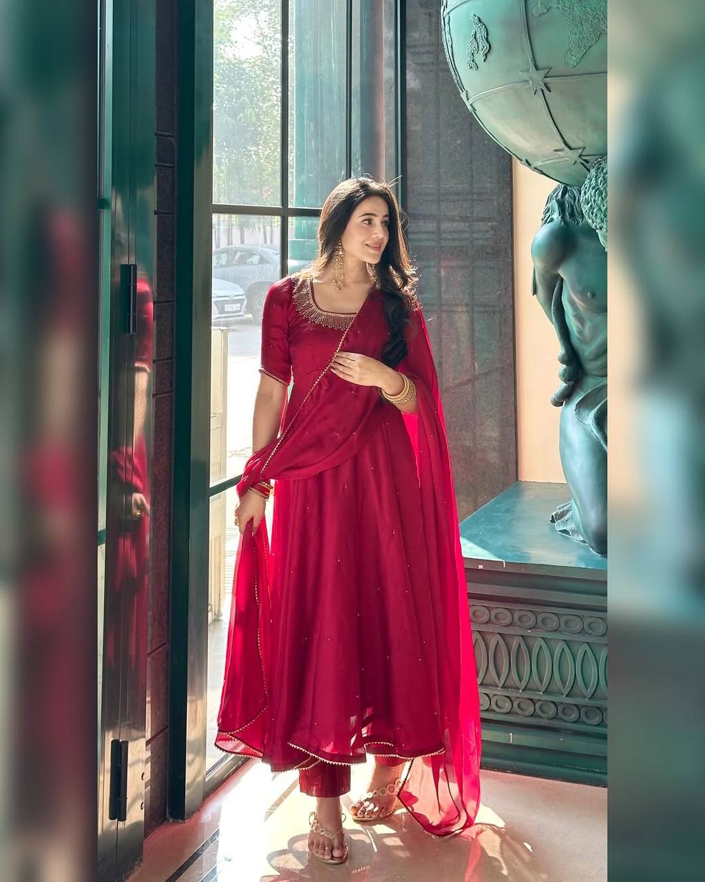 Sayra Red Fendy Silk Graceful Val Moti work Anarkali