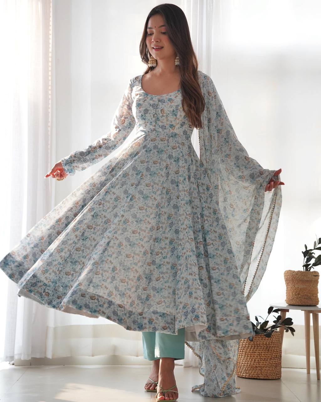 Pure Orange Chiffon Floral Print Fully Flair Anarkali