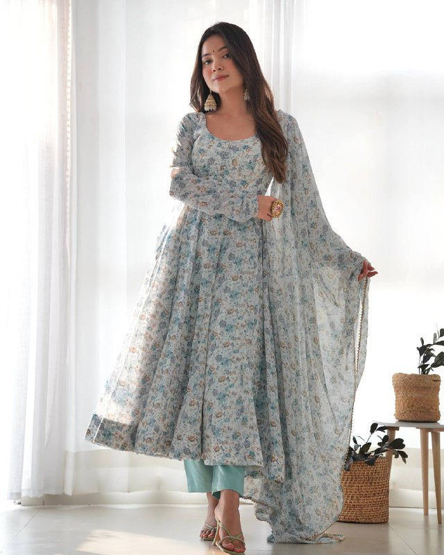 Pure Orange Chiffon Floral Print Fully Flair Anarkali
