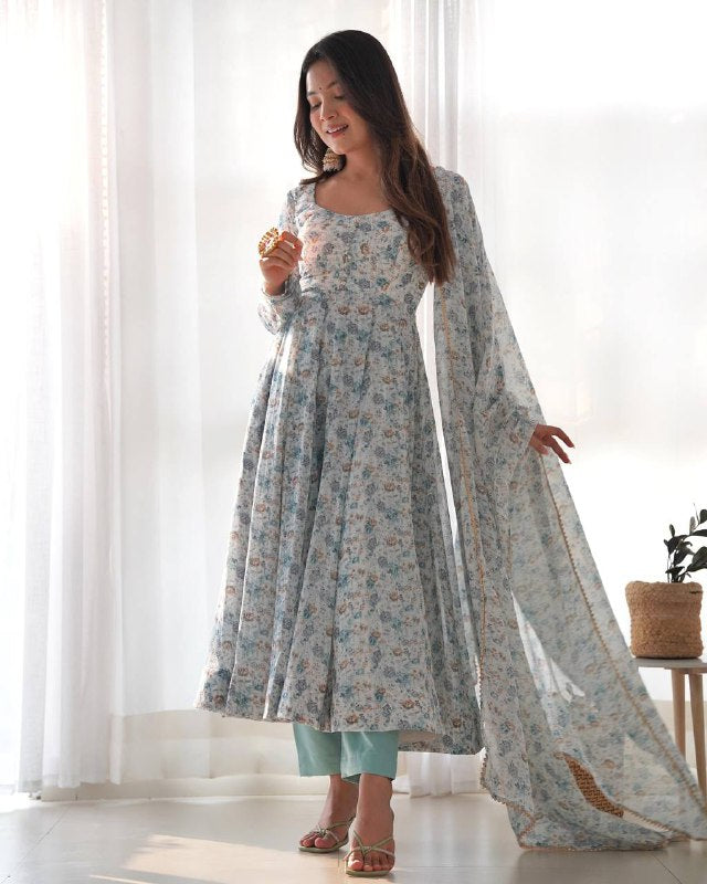 Pure Orange Chiffon Floral Print Fully Flair Anarkali