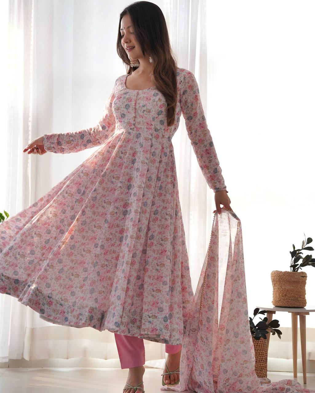 Pure Orange Chiffon Floral Print Fully Flair Anarkali