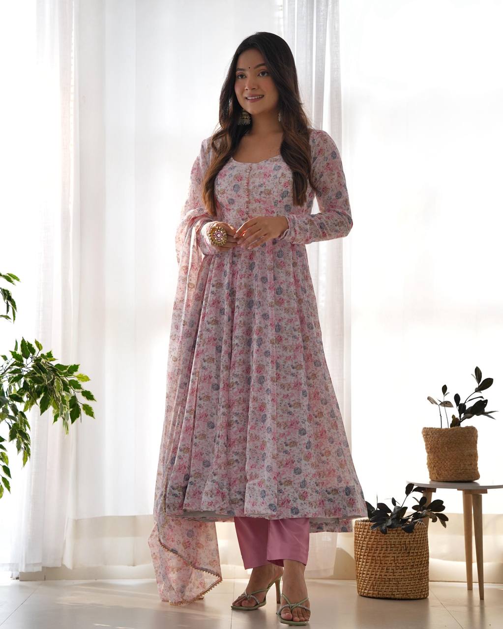 Pure Orange Chiffon Floral Print Fully Flair Anarkali