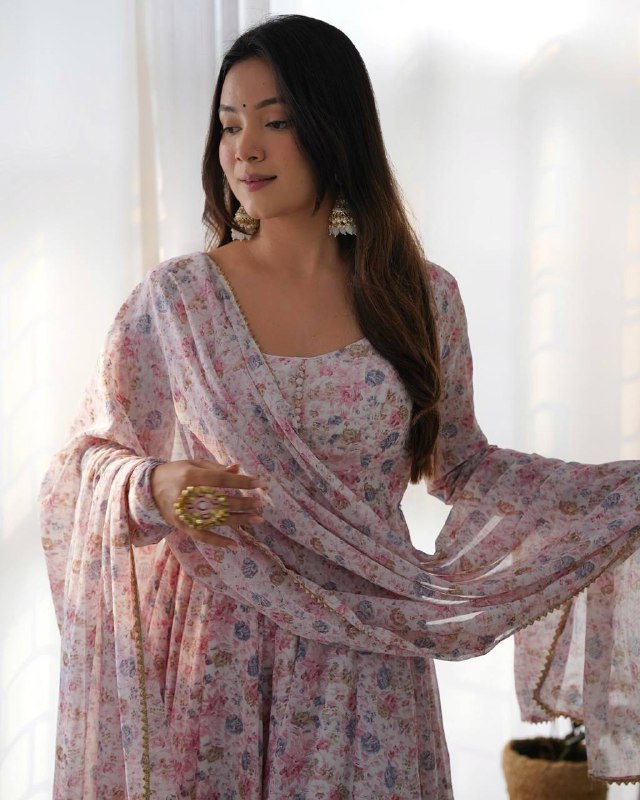 Pure Orange Chiffon Floral Print Fully Flair Anarkali