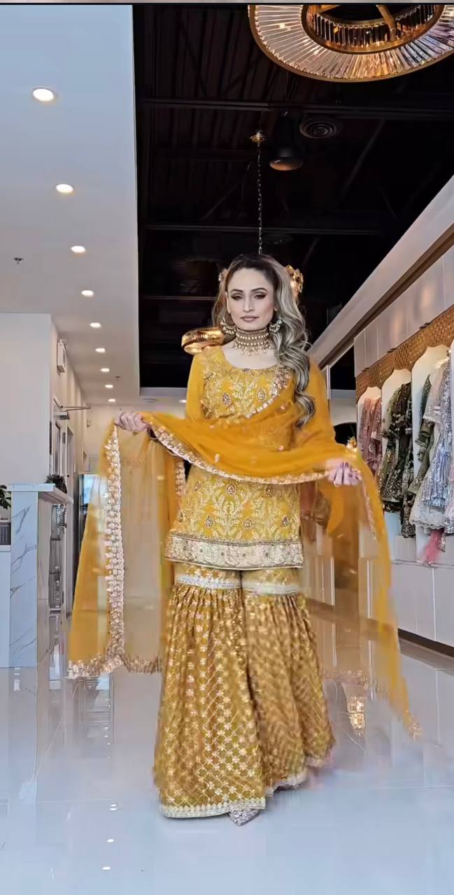 Zarmina Charm Mustard Embroidered Short Kurta with Heavily Flared Patiala