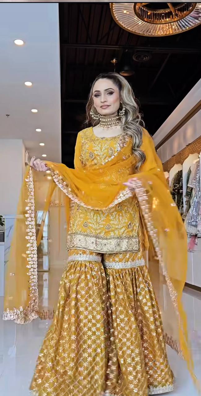 Zarmina Charm Mustard Embroidered Short Kurta with Heavily Flared Patiala