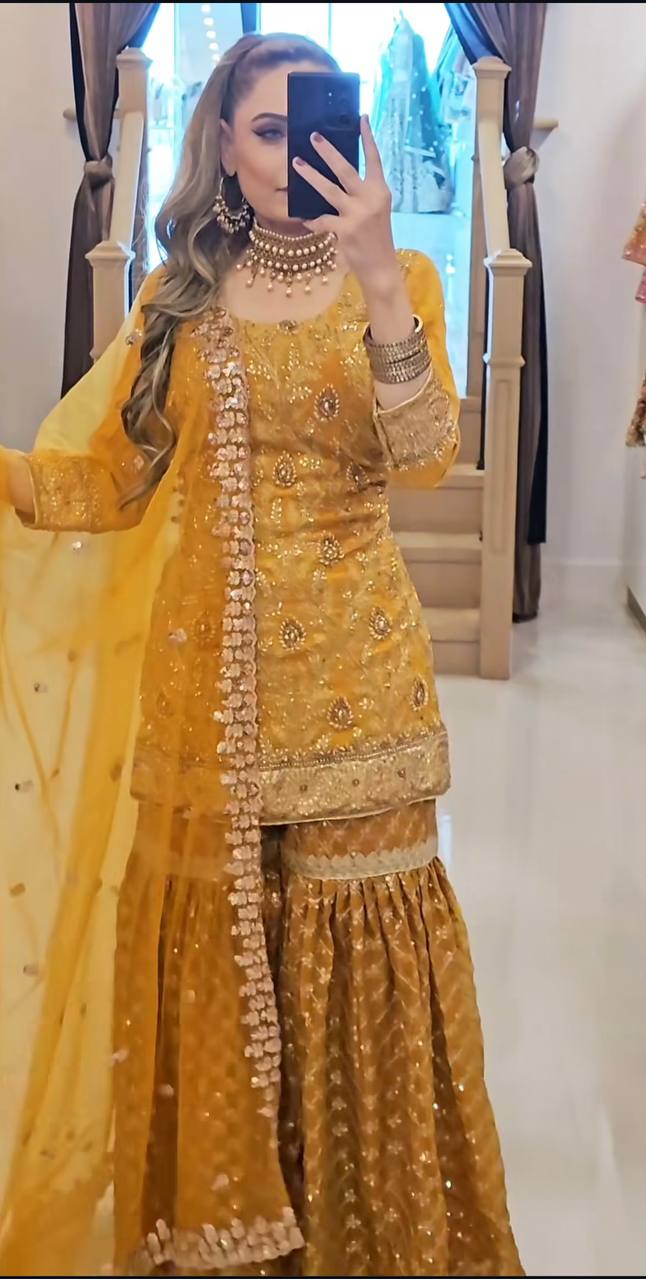 Zarmina Charm Mustard Embroidered Short Kurta with Heavily Flared Patiala