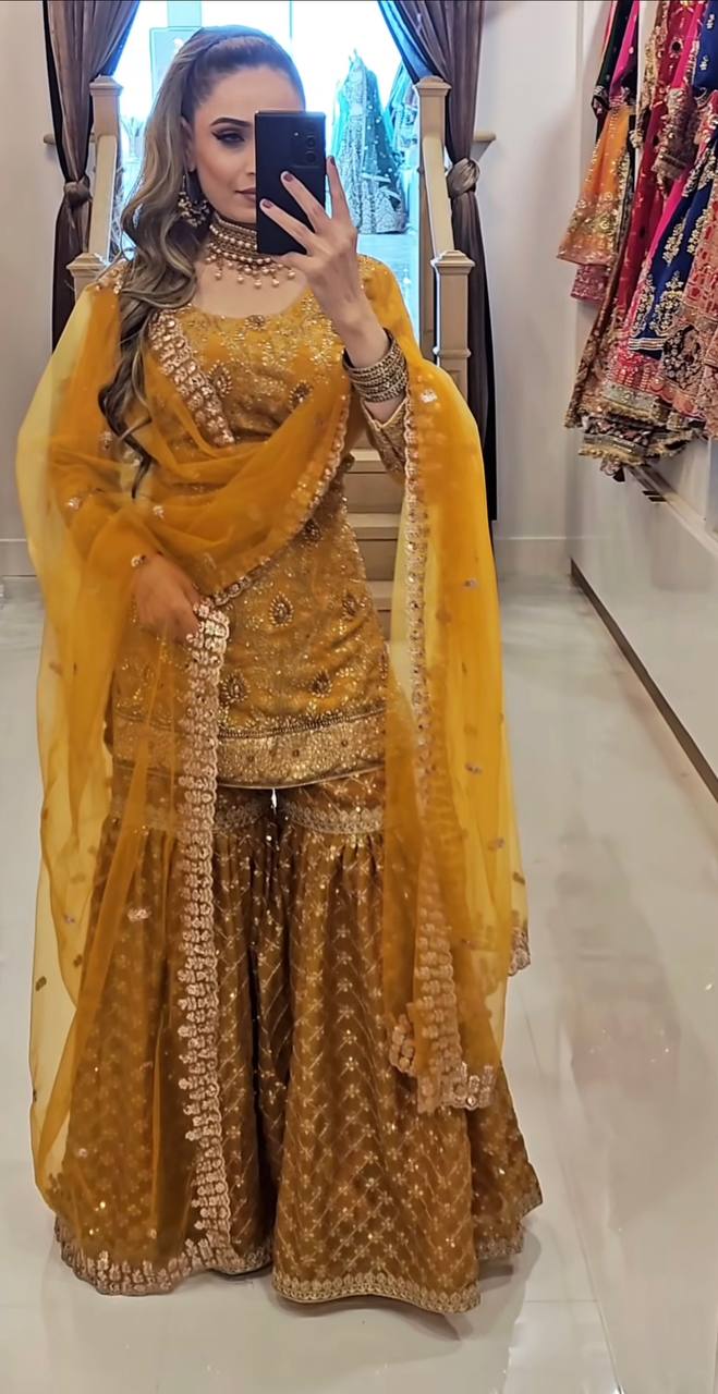 Zarmina Charm Mustard Embroidered Short Kurta with Heavily Flared Patiala