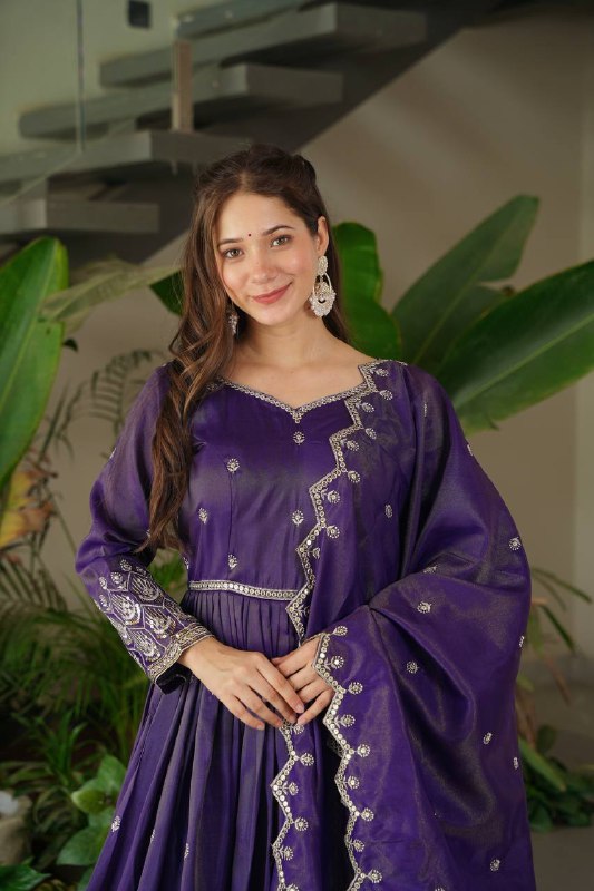 Regal Violet Flared Ghera & Dupatta Embroidered Anarkali Set