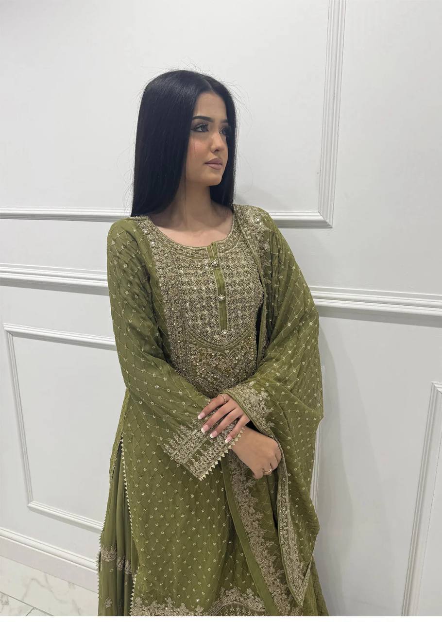 Gulnaar Olive Classic Charm Regal Olive Green Sharara Set