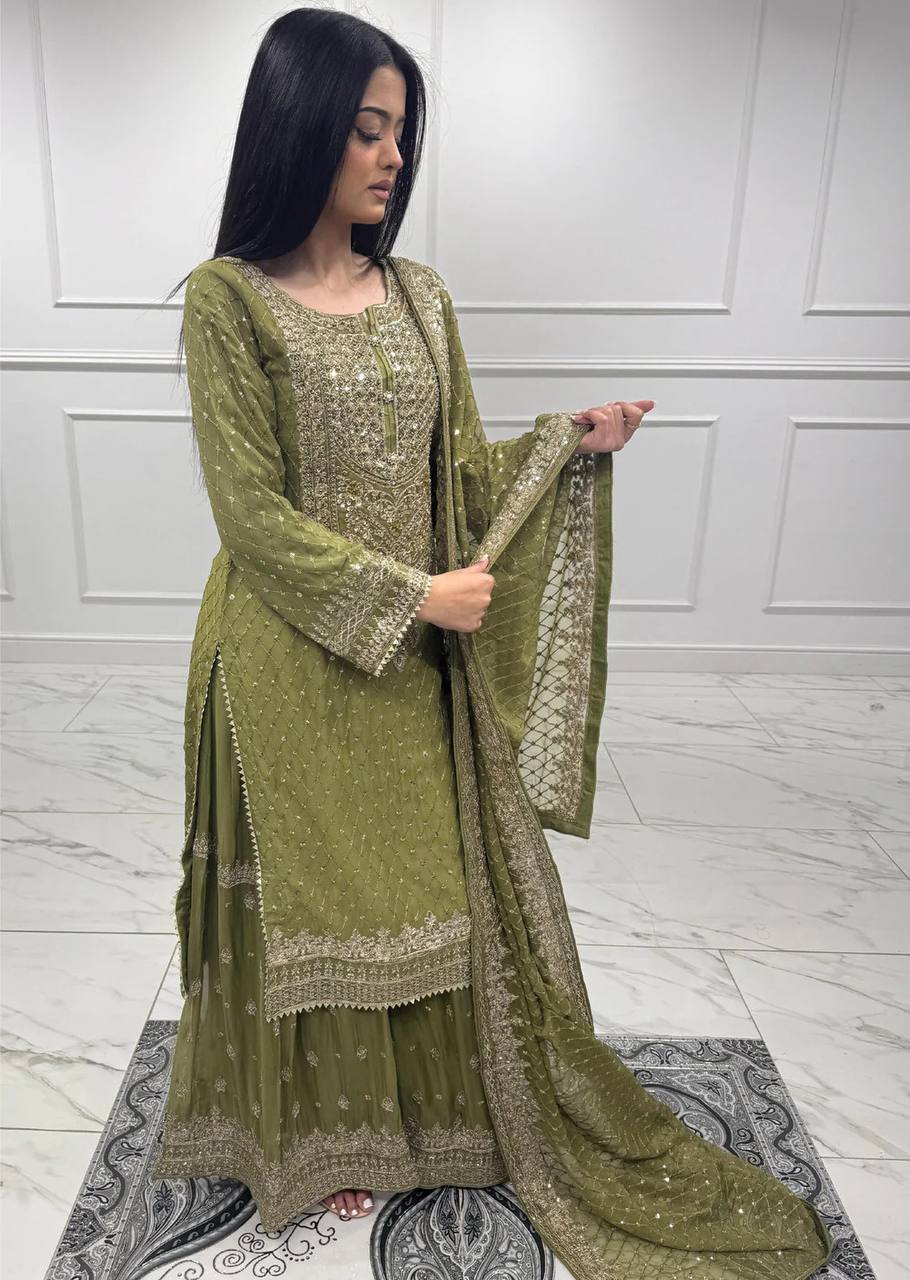 Gulnaar Olive Classic Charm Regal Olive Green Sharara Set