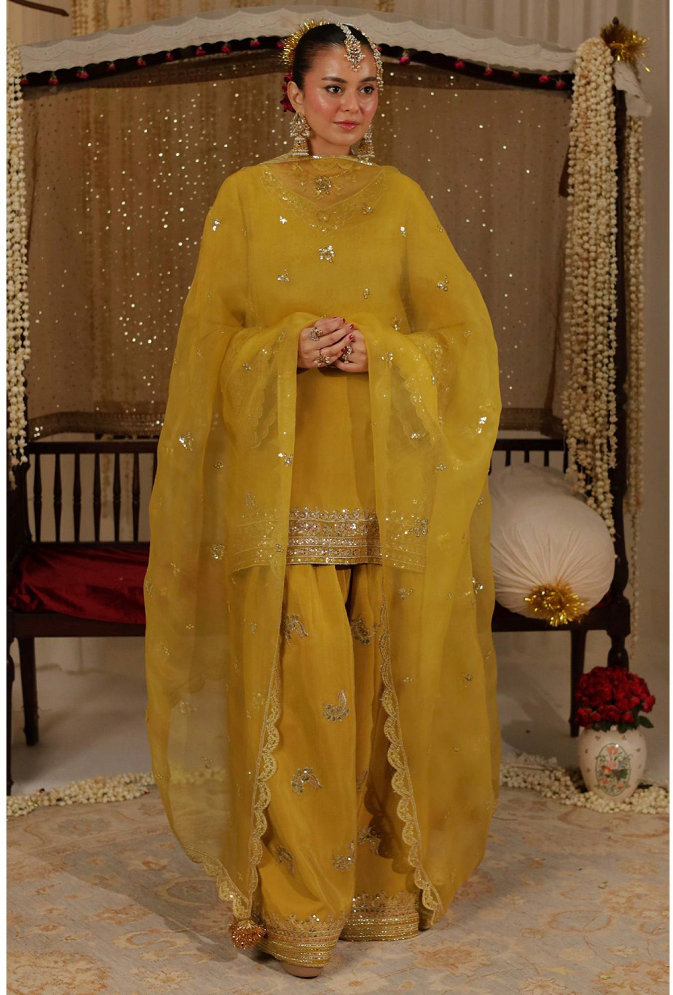 Noor-E-Mustard Embroidered Sharara Suit with Organza Dupatta