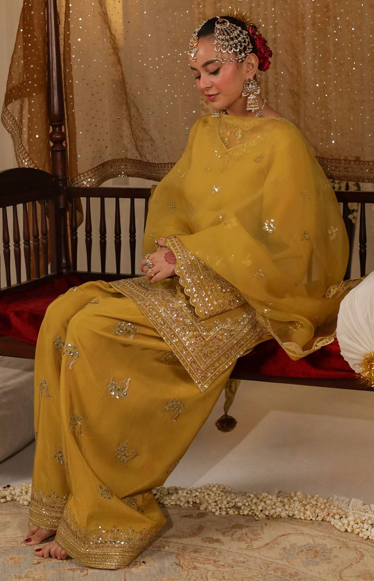 Noor-E-Mustard Embroidered Sharara Suit with Organza Dupatta