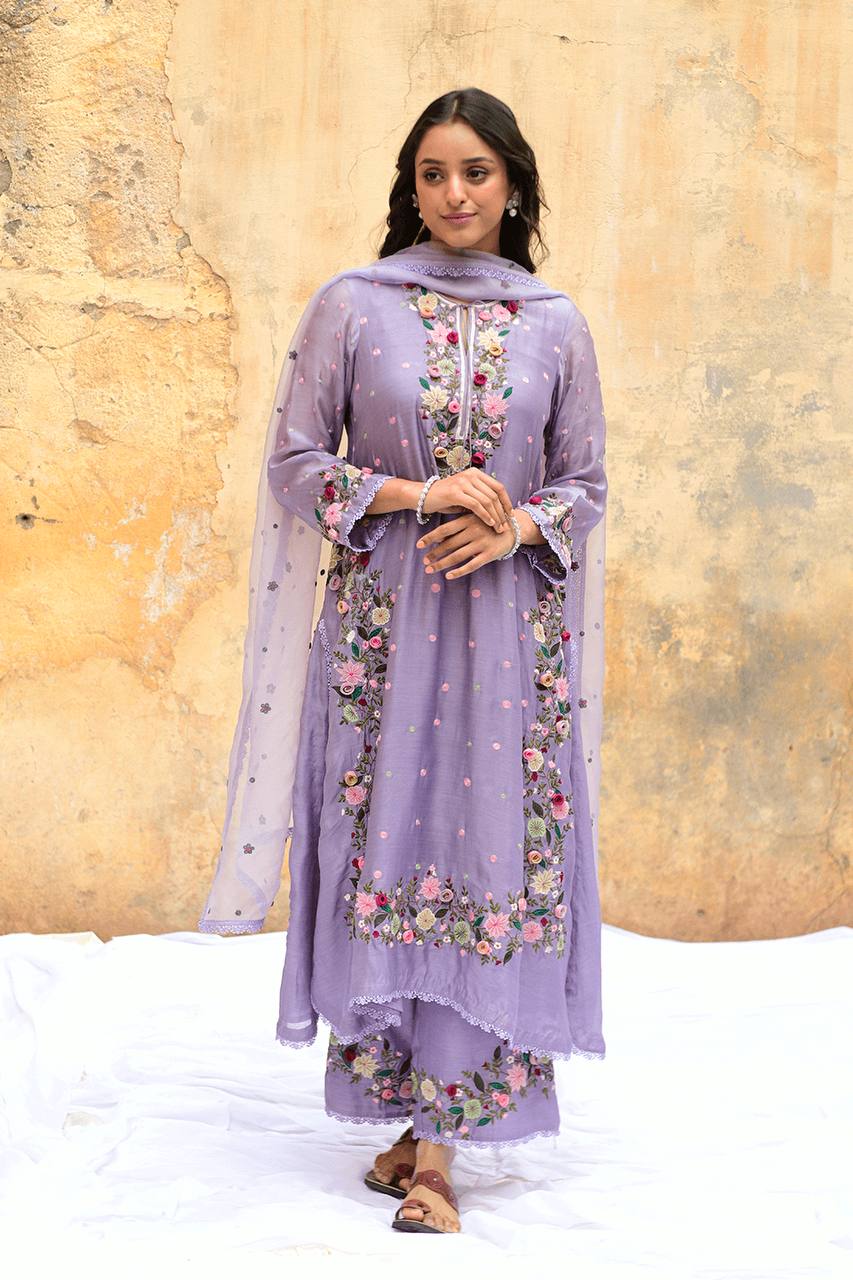 Meadow Bloom Olive Green Embroidered Kurta Set
