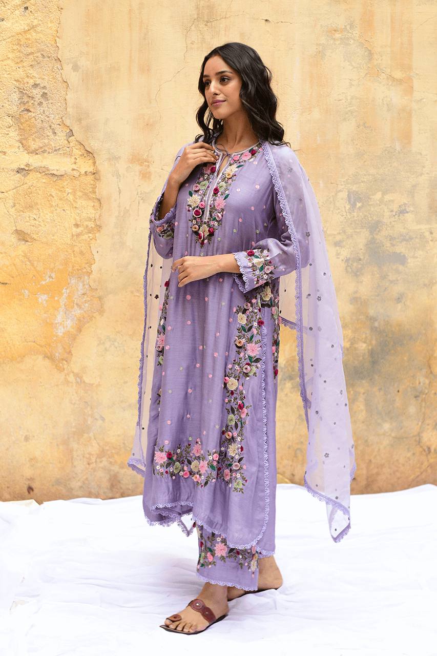 Meadow Bloom Olive Green Embroidered Kurta Set