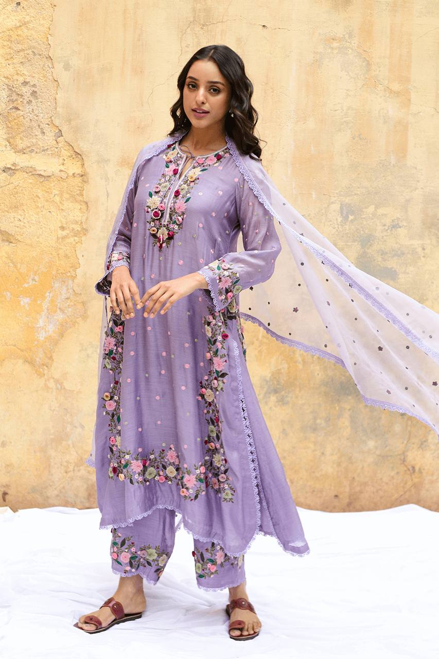 Meadow Bloom Olive Green Embroidered Kurta Set