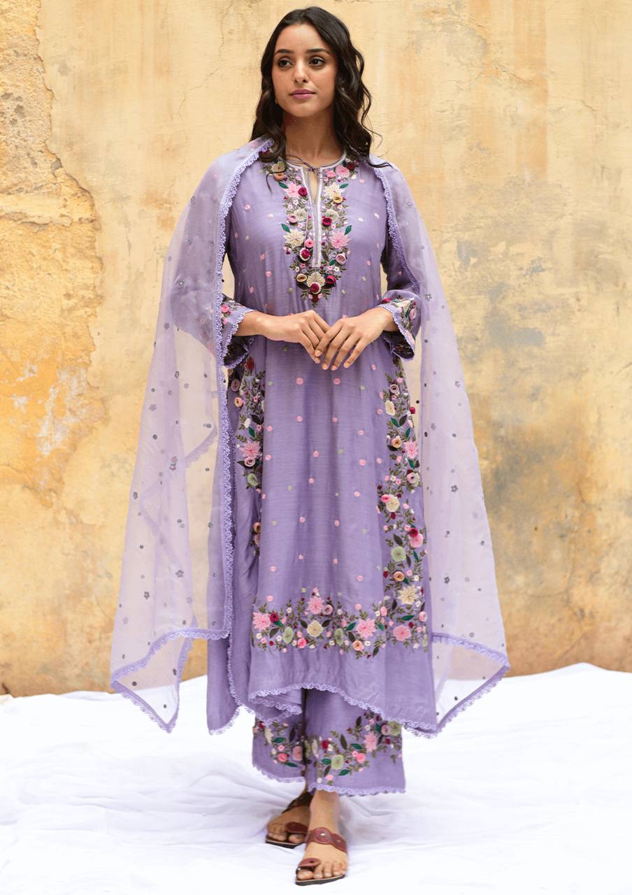 Meadow Bloom Olive Green Embroidered Kurta Set