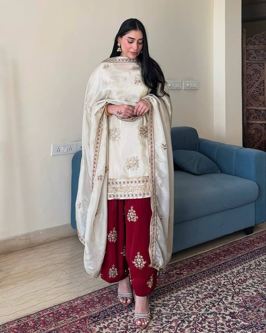 Gulnaar Glow Embroidered Ivory Kurta with Maroon Patiala Set