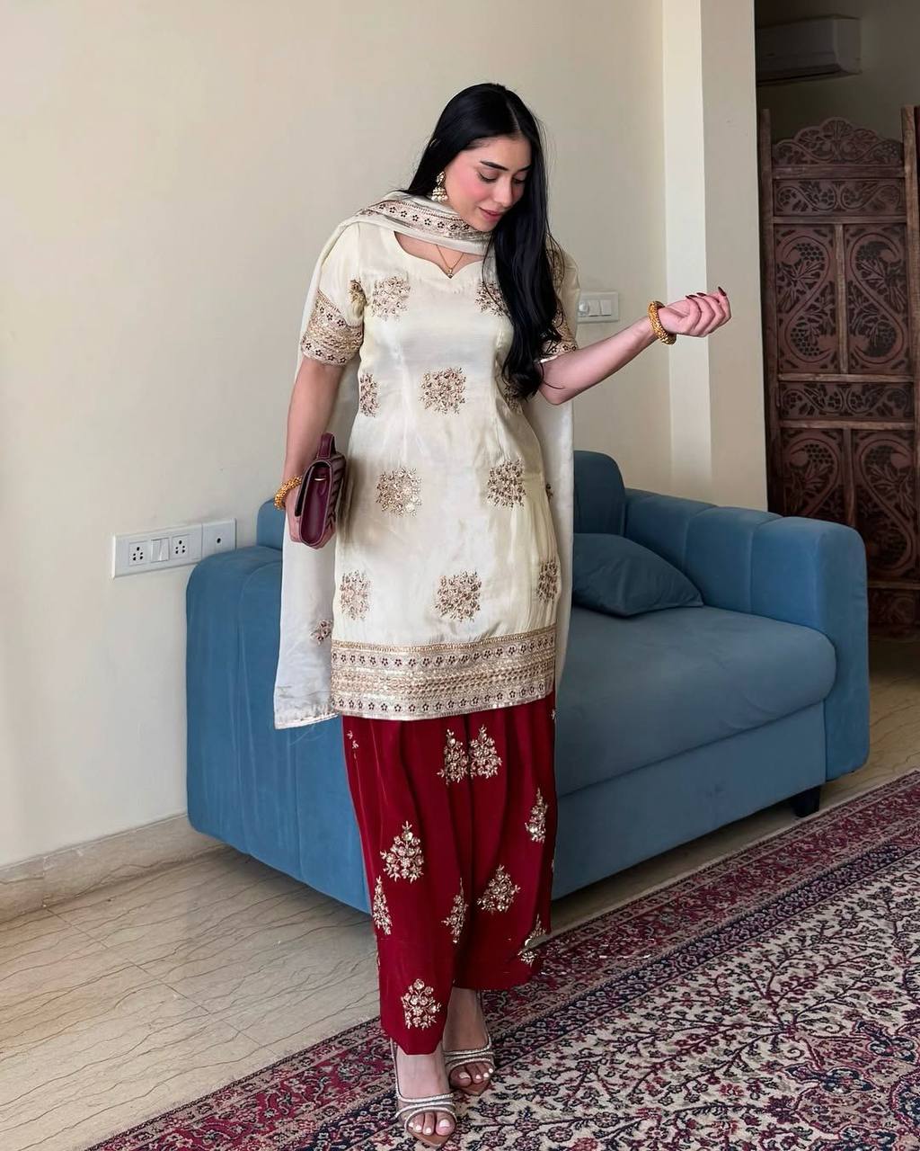 Gulnaar Glow Embroidered Ivory Kurta with Maroon Patiala Set