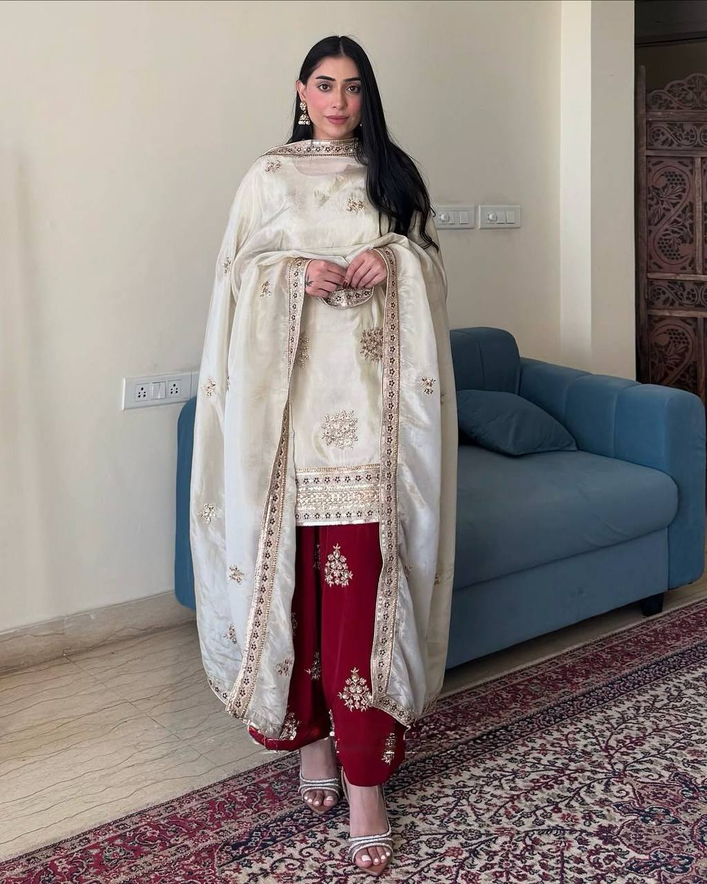 Gulnaar Glow Embroidered Ivory Kurta with Maroon Patiala Set