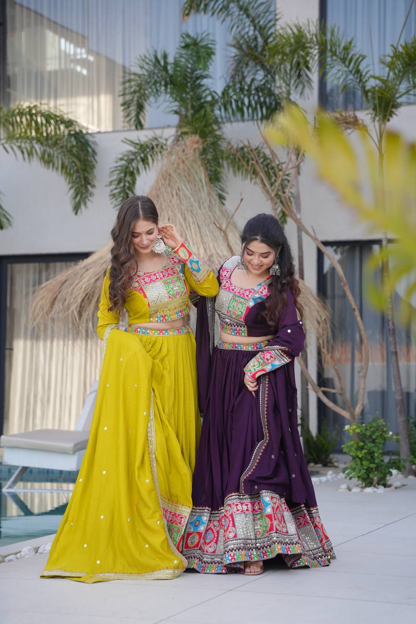 Ranglok Vibrant Mustard & Plum Regal Borders Lehenga Choli