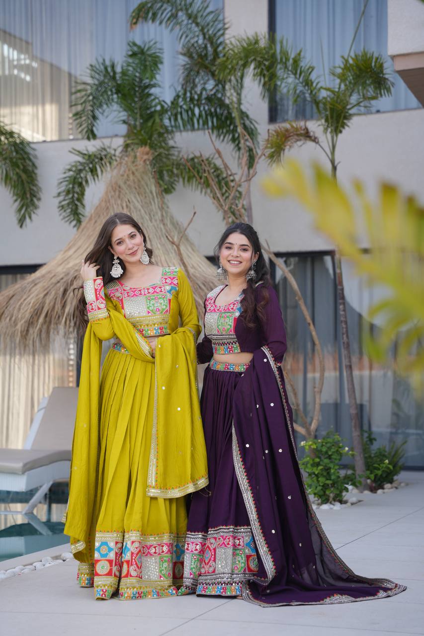 Ranglok Vibrant Mustard & Plum Regal Borders Lehenga Choli