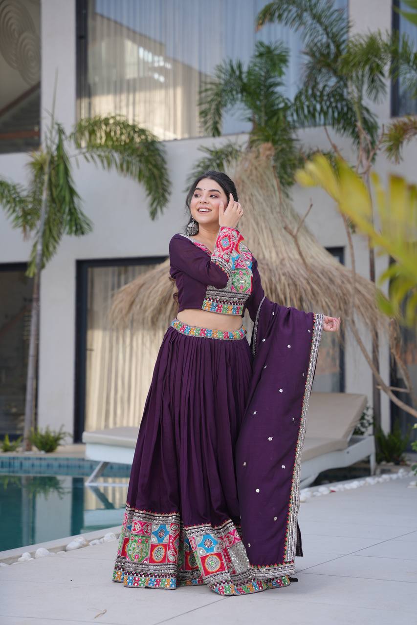 Ranglok Vibrant Mustard & Plum Regal Borders Lehenga Choli
