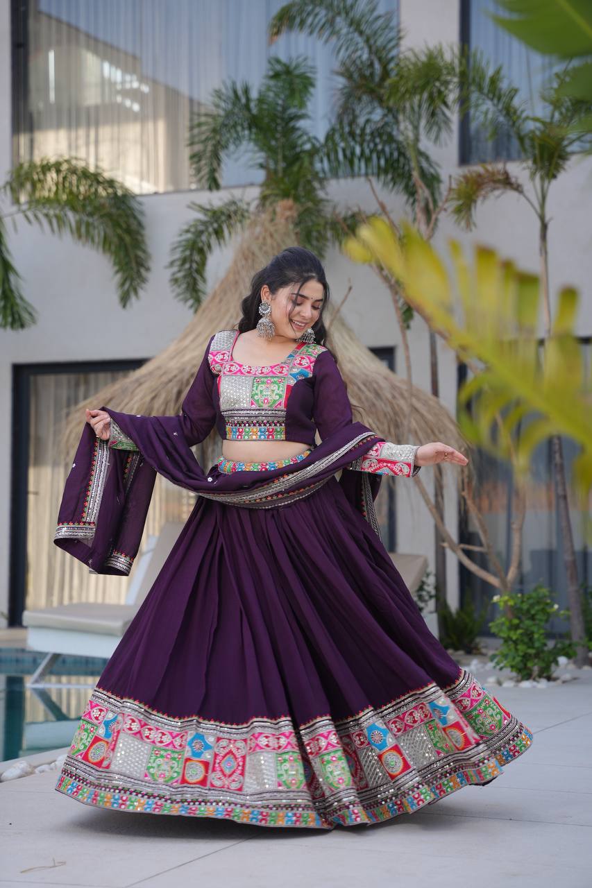Ranglok Vibrant Mustard & Plum Regal Borders Lehenga Choli