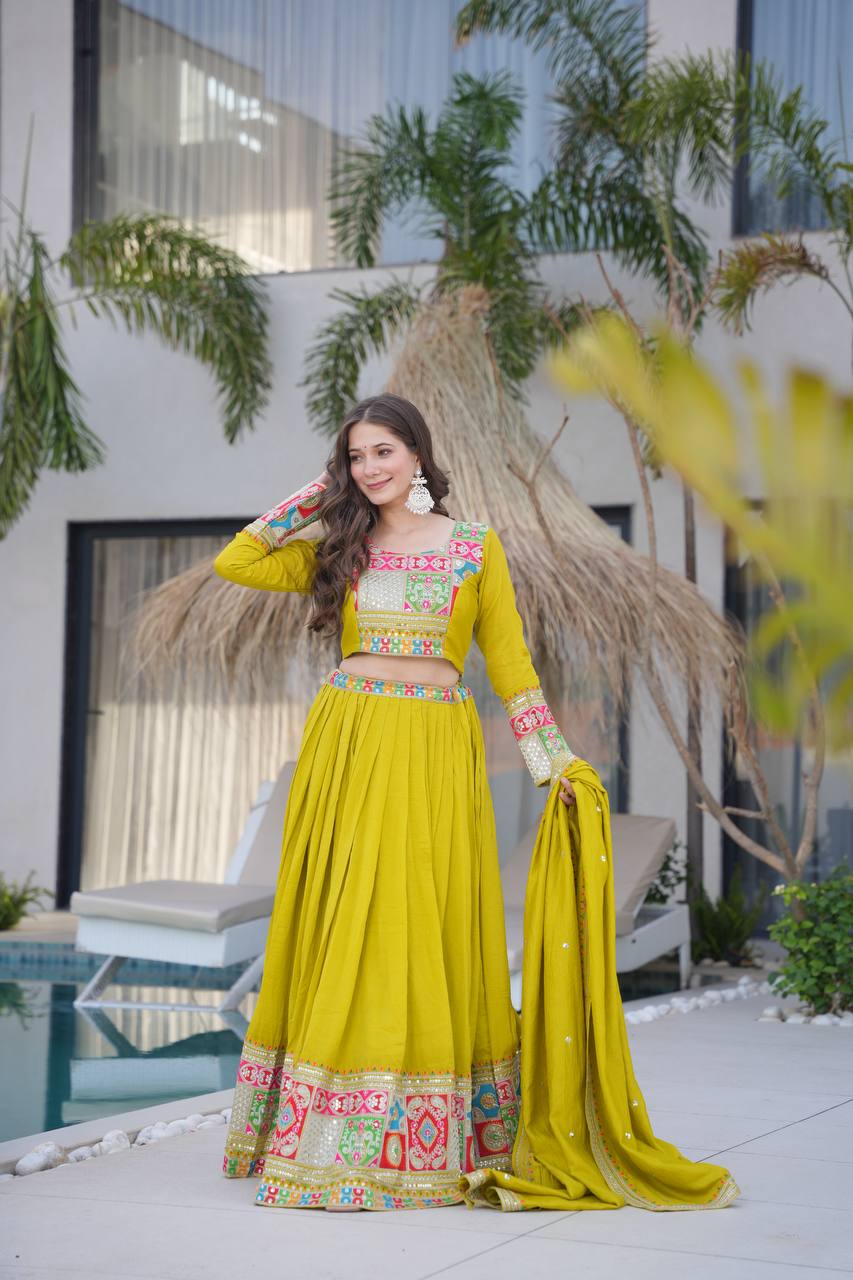 Ranglok Vibrant Mustard & Plum Regal Borders Lehenga Choli