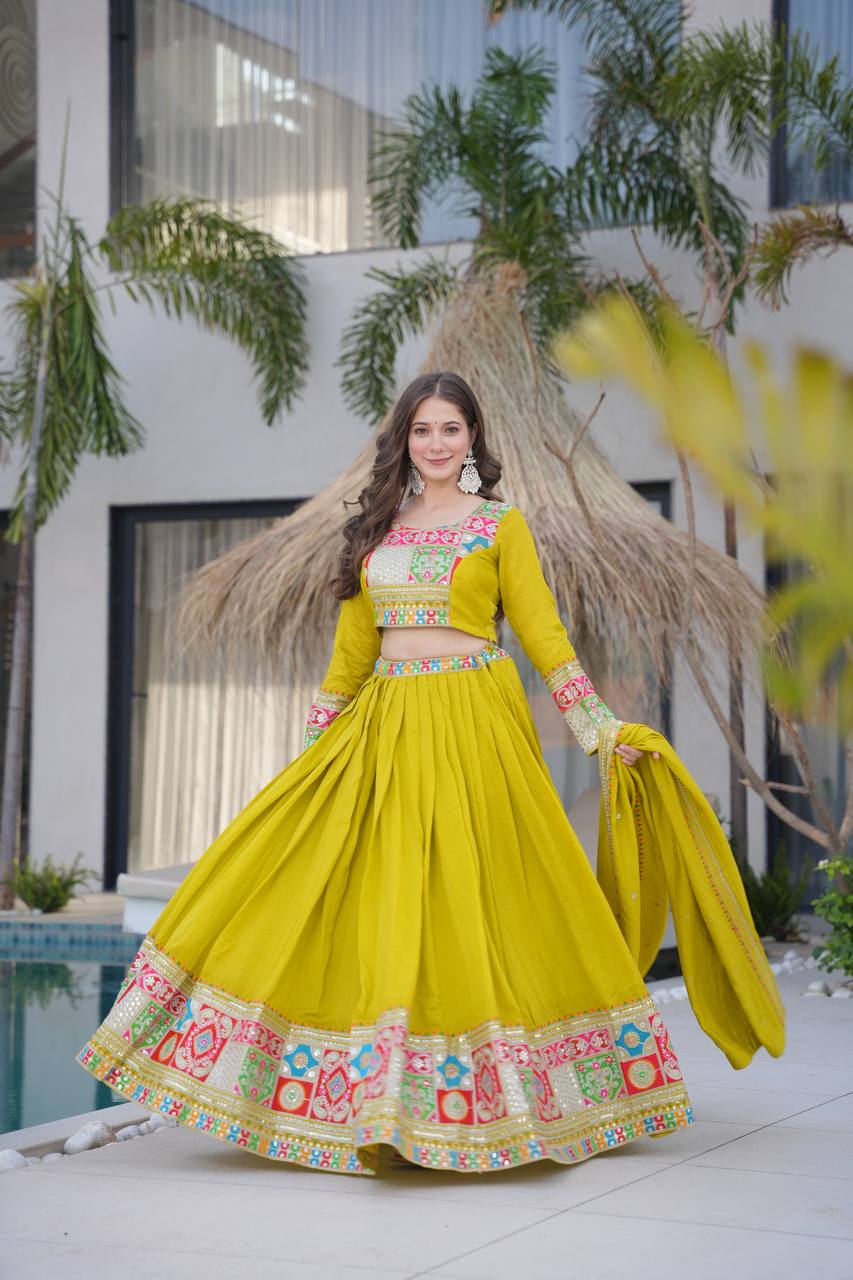 Ranglok Vibrant Mustard & Plum Regal Borders Lehenga Choli