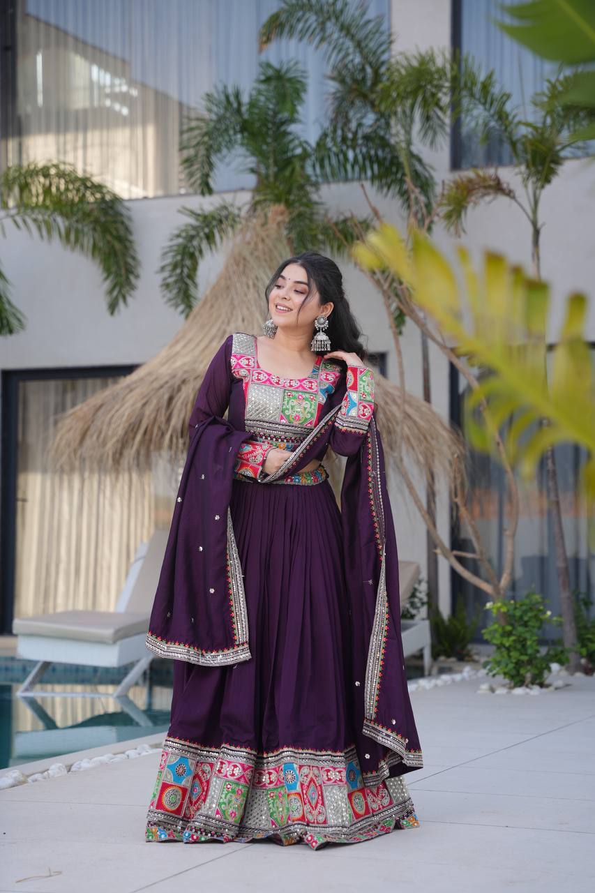 Ranglok Vibrant Mustard & Plum Regal Borders Lehenga Choli