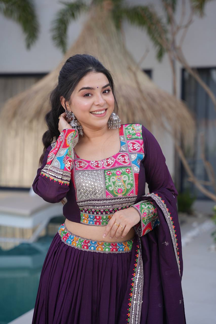 Ranglok Vibrant Mustard & Plum Regal Borders Lehenga Choli