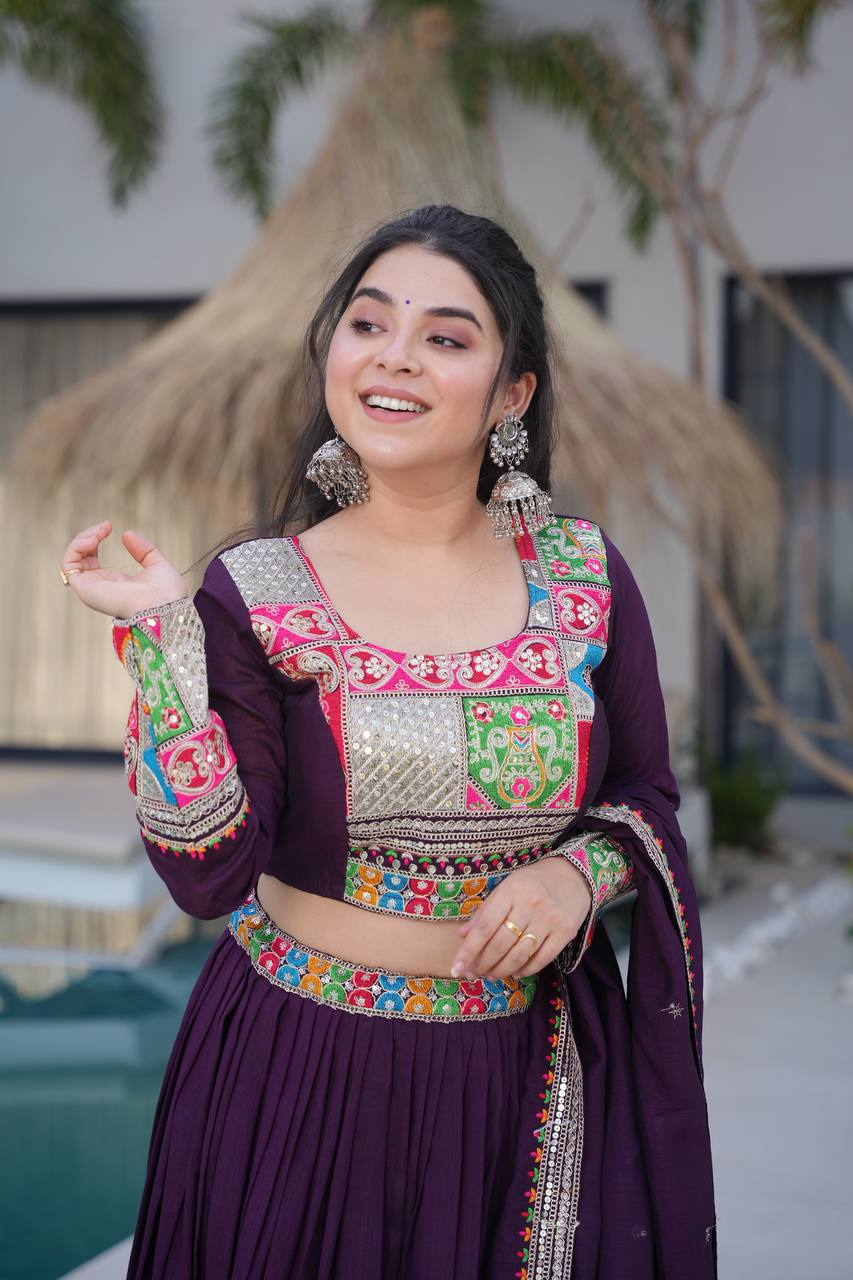 Ranglok Vibrant Mustard & Plum Regal Borders Lehenga Choli