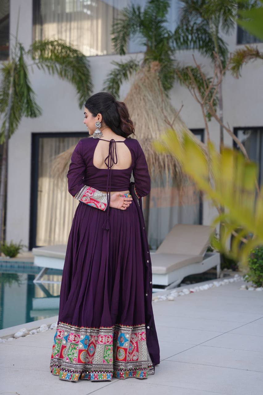 Ranglok Vibrant Mustard & Plum Regal Borders Lehenga Choli