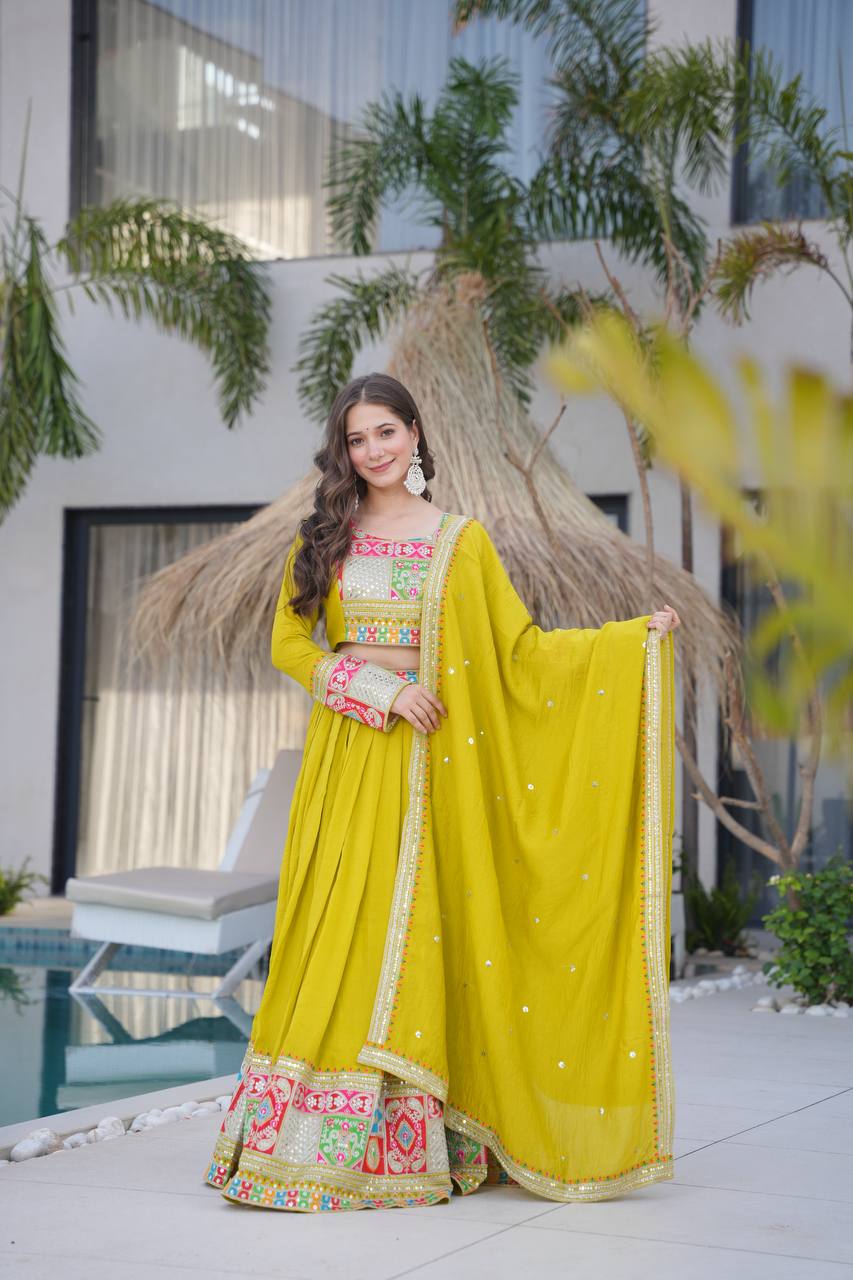 Ranglok Vibrant Mustard & Plum Regal Borders Lehenga Choli