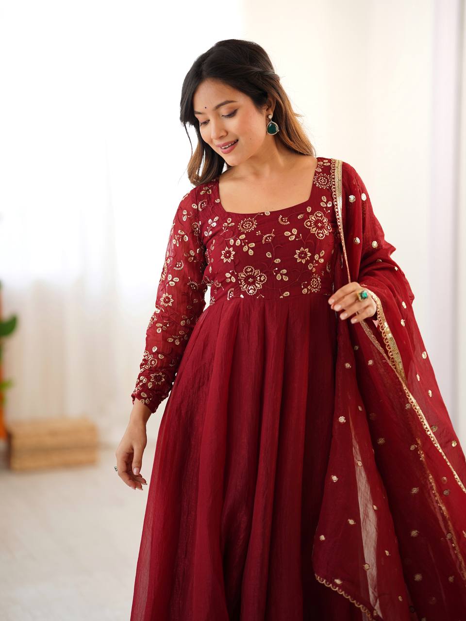 Ridhima Crimson Wine Traditional Embroidered Anarkali