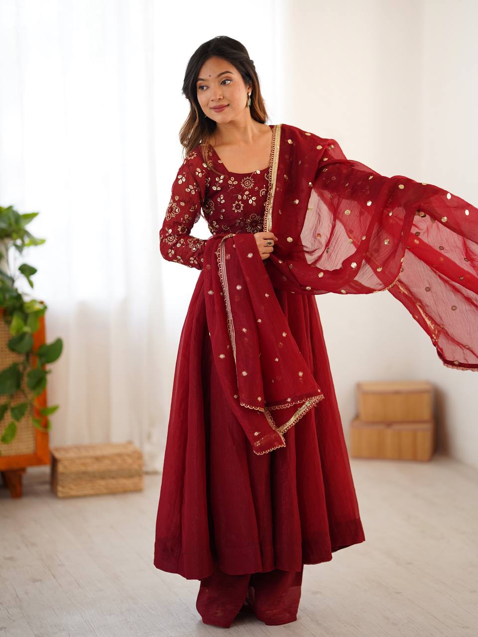 Ridhima Crimson Wine Traditional Embroidered Anarkali