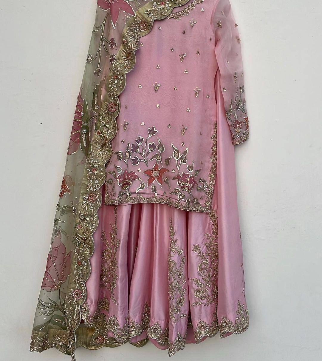 SUFIYA EMBROIDERY WORK SUIT WITH FULL FLAIR WORK GHARARA AND DUPATTA SET