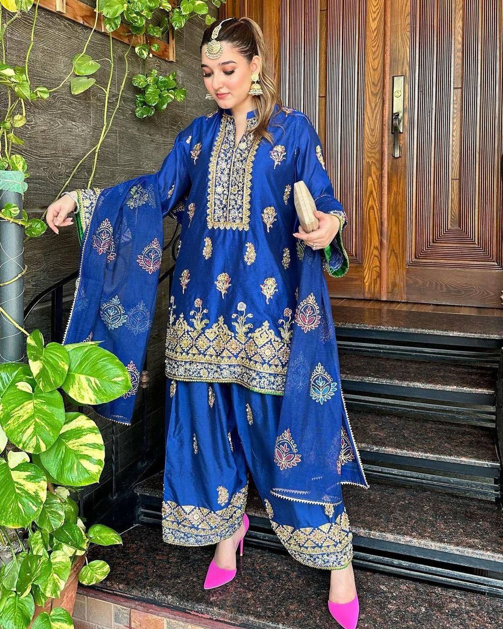 Majestic Royal Blue Silk Ensemble with Mughal Zari Embroidery Kurti Plazzo Set