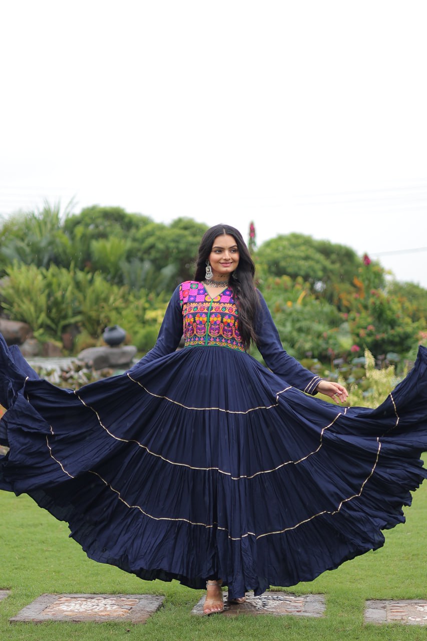 Navratri Full Flair Mirror Work with Vibrant Kutchi Embroidery Gown