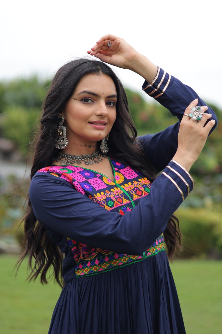 Navratri Full Flair Mirror Work with Vibrant Kutchi Embroidery Gown