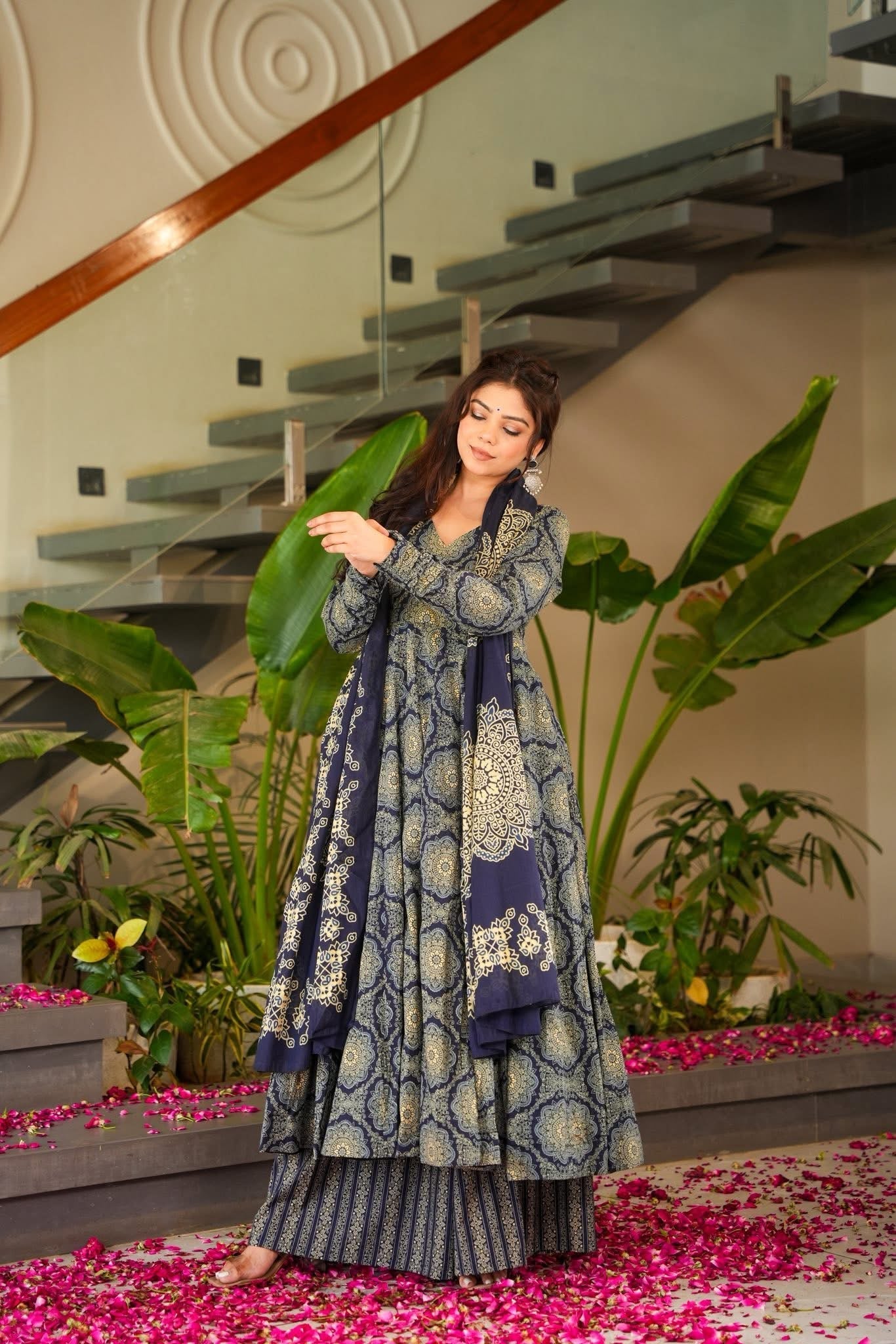 Royal Indigo Printed Cotton Anarkali Suit Set