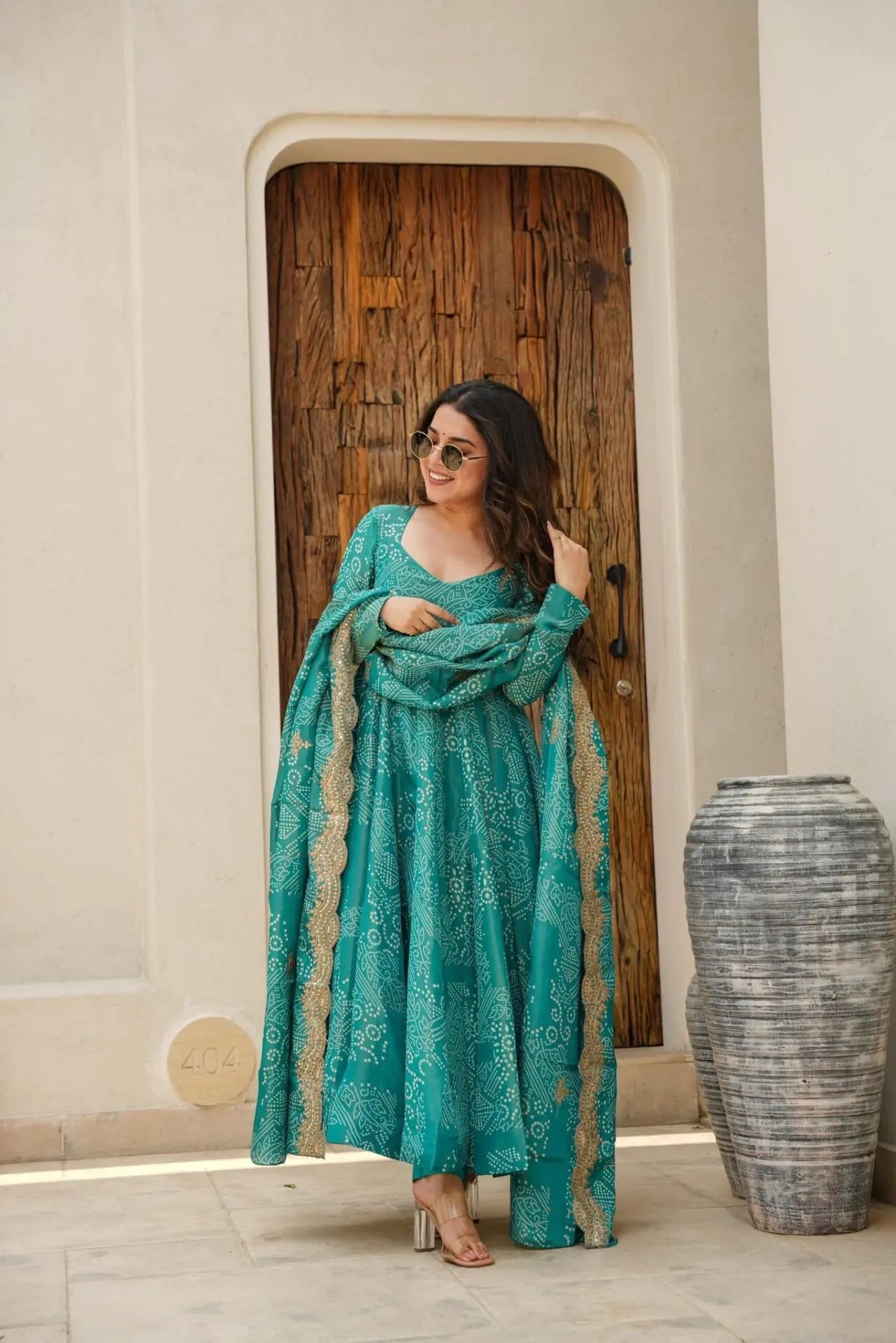 EMILY GREEN BANDHEJ MASLIN ANARKALI SUIT SET